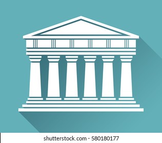 Architecture greek temple icon isolated on blue background. Vector illustration flat architecture design. Building ancient monument symbol icon. Column pillar parthenon landmark. Famous architecture