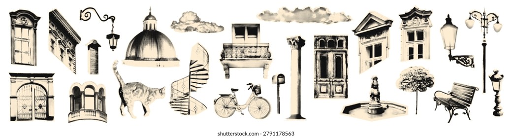 Architecture halftone collage elements set. Various paper clipping shapes, magazine cutouts. Stickers with vintage dot texture, zine scrapbook clipart with windows and street lamps Vector illustration