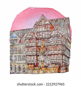 Architecture hildesheim germany watercolor hand drawn illustration isolated on white background