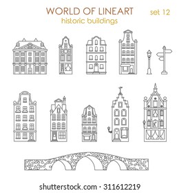 Architecture historic old buildings graphical lineart style icon set. Amsterdam Holland Netherlands, Venice Italy. World of line art collection.