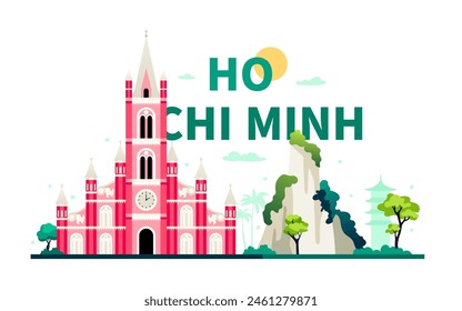 Architecture of Ho Chi Minh City - modern colored vector illustration with Tan Dinh Church. Pink chapel harmoniously combines Baroque, Gothic style and Renaissance elements. Tropical nature of asia