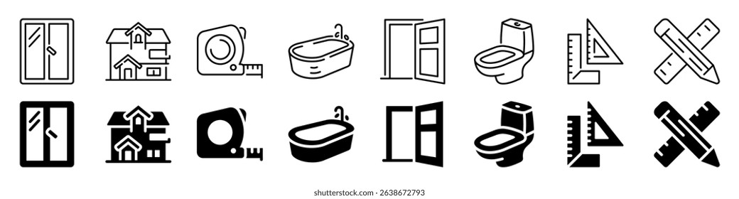 Architecture and home interior icon set. Linear and silhouette style.