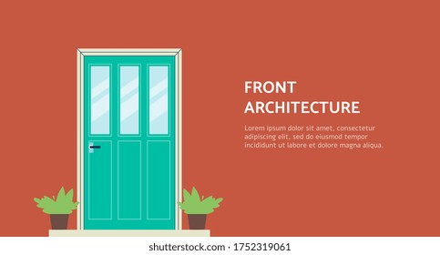 Architecture and home staging agency or company banner template background with house entrance doorway and plants in pots flat cartoon vector illustration.