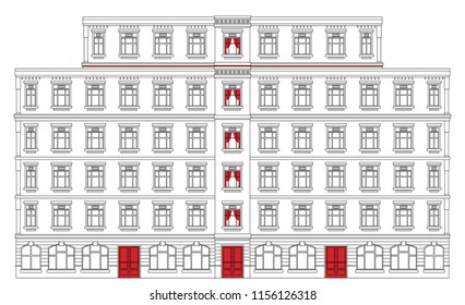 architecture house facade on street front view , landscape panorama building . black contour lines geometric vector wide illustration 3 red door shop or cafe ground floor isolated on white