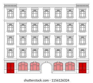 architecture house facade on street front view , landscape panorama building . black contour lines geometric vector wide illustration red doors