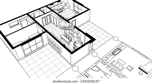 Architektur-Haus-Plan 3D-Illustration