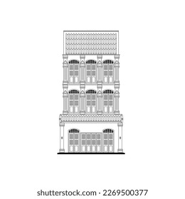 architecture house style sino portuguese old town. architecture building font view, house outline drawing on white background, vector. architecture for house design, home, element, object, poster.  