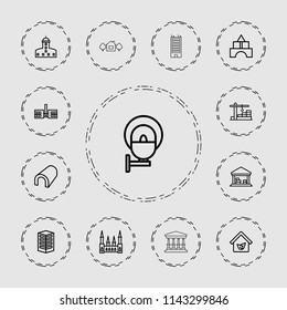 Architecture icon. collection of 13 architecture outline icons such as castle, tunnel, toy tower, school, cargo barn, building. editable architecture icons for web and mobile.