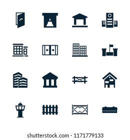 Architecture icon. collection of 16 architecture filled icons such as fence, barn, business center, window, hospital, bank. editable architecture icons for web and mobile.
