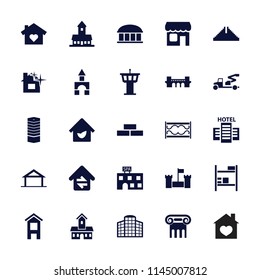 Architecture icon. collection of 25 architecture filled icons such as home, business centre, castle, chichen itza. editable architecture icons for web and mobile.