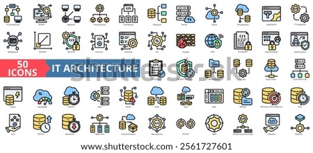 IT architecture icon collection set. Containing system, network, infrastructure, framework, database, server, cloud, virtualization, icon. Simple flat outline vector illustration