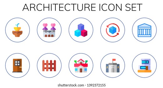 architecture icon set. 10 flat architecture icons.  Simple modern icons about  - fountain, door, castle, fence, cubes, school, cube, british museum, duplex