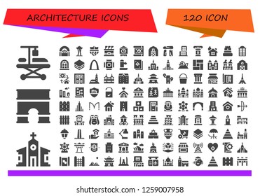  architecture icon set. 120 filled architecture icons. Simple modern icons about  - Hospitalization, Church, Arc, Door, Space needle, Nantes, Stadium, Big ben, Plan, Barn, Dolmen