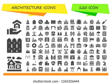  architecture icon set. 120 filled architecture icons. Simple modern icons about  - House, Home, Fence, Pagoda, Building, Protractor, Brandenburg gate, Castle, Post office, Hospital