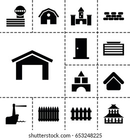 Architecture icon. set of 13 filled architectureicons such as house building, fence, barn, garage, business center building, door, airport tower, temple, toy tower, lighthouse