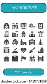 architecture icon set. 25 filled architecture icons.  Simple modern icons about  - Barn, Notre dame, Blueprint, Bungalow, Hotel, Shopping center, Building, Fountain, Giant swing