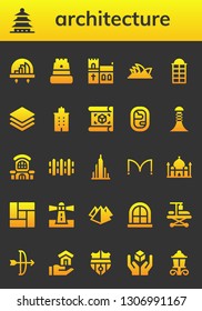 architecture icon set. 26 filled architecture icons.  Simple modern icons about  - City, Pagoda, Castle, Church, Opera house, Phone booth, Layers, Building, Plan, Window, Mall