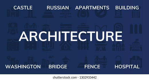  architecture icon set. 32 filled architecture icons. on blue background style Simple modern icons about  - Castle, Russian, Apartments, Building, Washington, Bridge, Fence, Hospital