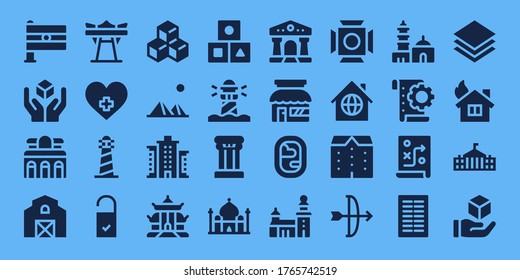 architecture icon set. 32 filled architecture icons. on blue background style Simple modern icons such as: India, Cube, Museum, Barn, Giant swing, Hospital, Lighthouse, Doorknob