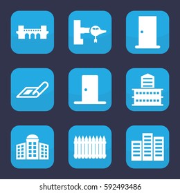 architecture icon. Set of 9 filled architecture icons such as jetway, plan, building   isolated  sign symbol, building, door, bridge