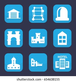 Architecture icon. set of 9 filled architecture icons such as castle, arch, window, garage, hotel, broken house, cube