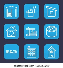 Architecture icon. set of 9 outline architecture icons such as building, Bar, gazebo, house under sun, home with heart, house builidng, hospital