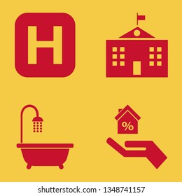 architecture icon set with bathroom shower, university campus and hand house vector illustration