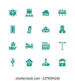 architecture icon set. Collection of 16 filled architecture icons included Mall, Crane, Home, Street light, Blueprint, Cube, Building, Dome, Pisa, Door, Bridge, House, Site map