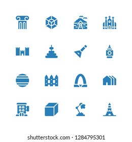 architecture icon set. Collection of 16 filled architecture icons included Eiffel tower, Desk lamp, Cube, Hotel, Houses, Gateway arch, Fence, Thailand, Big ben, Balalaika, Tower