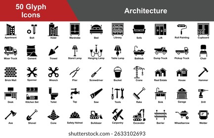 Architecture Icon Set Collection. Containing Brick Wall, Spanner, Wrench, Real Estate, House, Hammer, Plier, Screwdriver, Bucket, Crane, Apartment. Simple Glyph Vector Illustration.