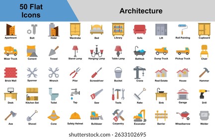 Architecture Icon Set Collection. Containing Brick Wall, Spanner, Wrench, Real Estate, House, Hammer, Plier, Screwdriver, Bucket, Crane, Apartment. Simple Flat Vector Illustration.