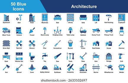 Architecture Icon Set Collection. Containing Brick Wall, Spanner, Wrench, Real Estate, House, Hammer, Plier, Screwdriver, Bucket, Crane, Apartment. Simple Blue Vector Illustration.