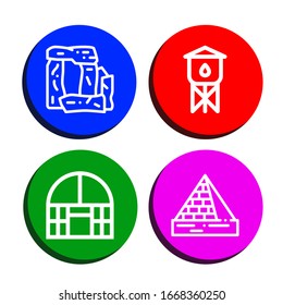 conjunto de iconos de arquitectura. Colección de Stonehenge, torre de agua, invernadero de domo, iconos de las pirámides