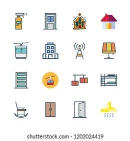 architecture icon set. vector set about cable car cabin, door, church and spray icons set.