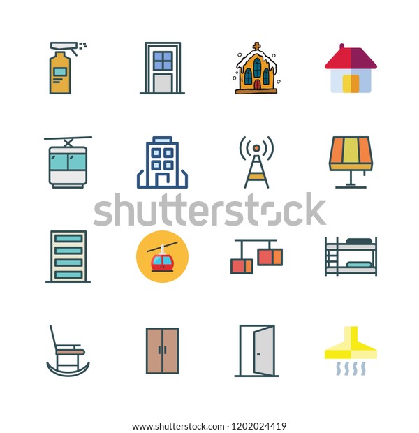 architecture icon set. vector set about cable
car cabin, door, church and spray icons
set.