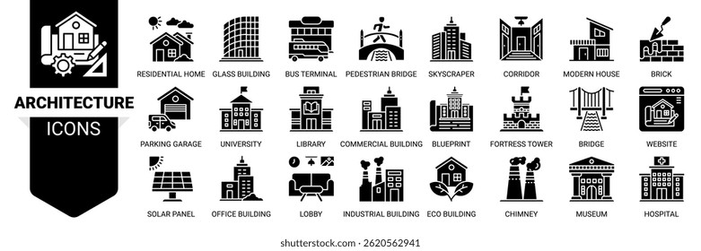 Architecture icon set. Vector illustration concept with icon of architecture, residential home, skyscraper, modern house, office building and more. Solid icons vector symbol background collection.