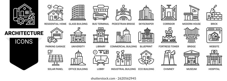 Conjunto de ícones de arquitetura. Conceito de ilustração vetorial com ícone de arquitetura, casa residencial, arranha-céu, casa moderna, edifício de escritório e muito mais. Coleção de planos de fundo de símbolos de vetor de ícones de estrutura de tópicos.