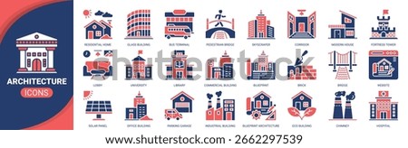 Architecture icon set. Vector illustration concept with icon of architecture, residential home, skyscraper, modern house, office building and more. Solid color icons symbol background collection.