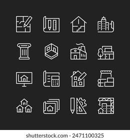 Conjunto de iconos de arquitectura, líneas blancas sobre fondo negro. Proyectos arquitectónicos Explore, dibujos. Desarrollar proyectos para casas, edificios y estructuras. Espesor de línea personalizable
