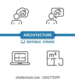 Architecture Icons. Blueprint, Architect, House Plan, Construction Icon. Professional, 32x32 Pixel Perfect Vector Icon. Editable Stroke