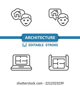 Architecture Icons. Blueprint, Architect, House Plan, Construction Icon. Professional, 32x32 Pixel Perfect Vector Icon. Editable Stroke