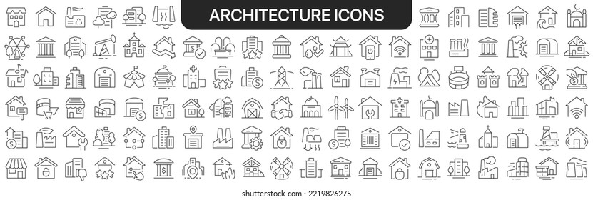 Architecture icons collection in black. Icons big set for design. Vector linear icons