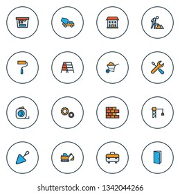 Architecture icons colored line set with door, paint roller, wheelbarrow and other builder elements. Isolated vector illustration architecture icons.