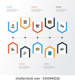 Architecture icons colored line set with brickwork, cogwheel, house and other worker elements. Isolated vector illustration architecture icons.
