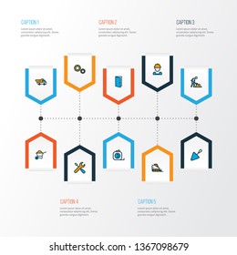 Architecture icons colored line set with wheelbarrow, tipper, builder and other roulette meter elements. Isolated vector illustration architecture icons.