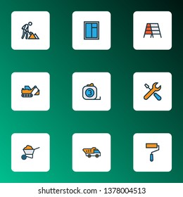 Architecture icons colored line set with excavator, construction works, window and other instruments elements. Isolated vector illustration architecture icons.