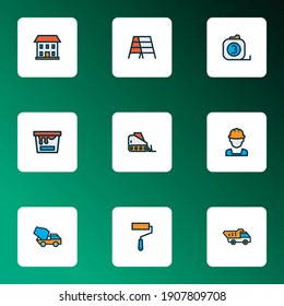 Architecture icons colored line set with tipper, bulldozer, builder and other wall painting elements. Isolated vector illustration architecture icons.