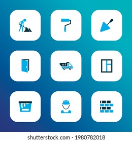 Architecture icons colored set with door, construction work, trowel and other dumper truck elements. Isolated vector illustration architecture icons.