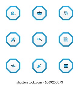 Architecture icons colored set with tools, tape measure, brickwork and other putty knife elements. Isolated vector illustration architecture icons.