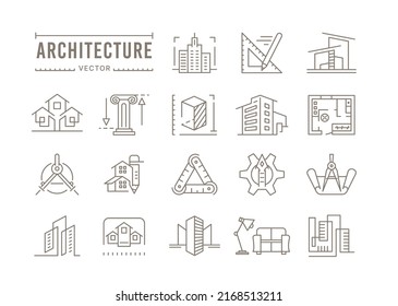 Architecture icons. Construction line logo. Building project plan. House design and 3d structure. Real estate scheme. Apartment interior. Architect company emblem. Outline vector set - Shutterstock ID 2168513211